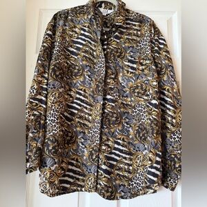 Vintage 90s Silk Baroque Blouse | Leopard Chain Print Button Down | Mob Wife | L